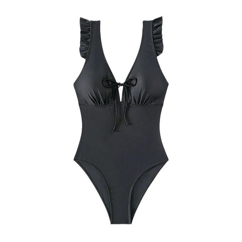 Women Elegant One-Piece Swimsuit with Ruffle Details and Deep V-Neck Mune Fashion