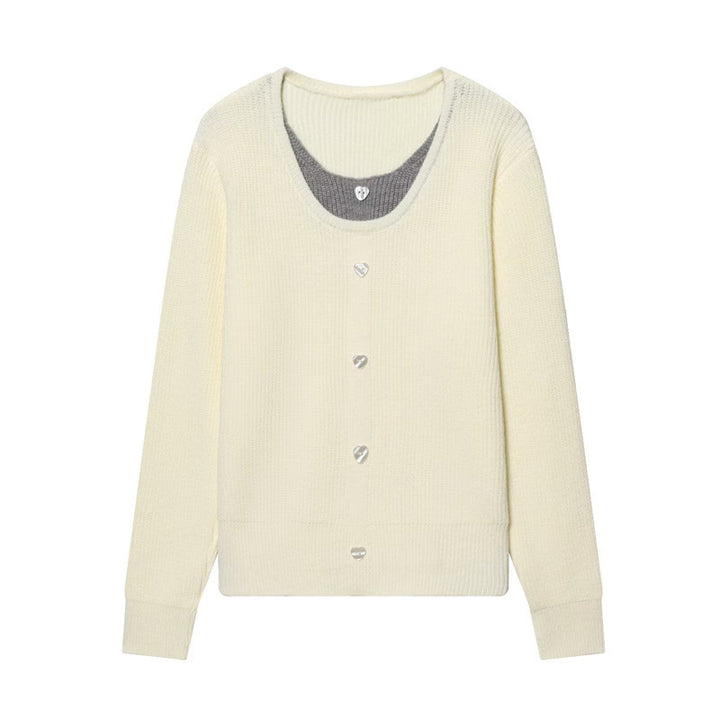 Women Fine Knit Cardigan with Integrated Underlay and Heart Button Placket Mune Fashion