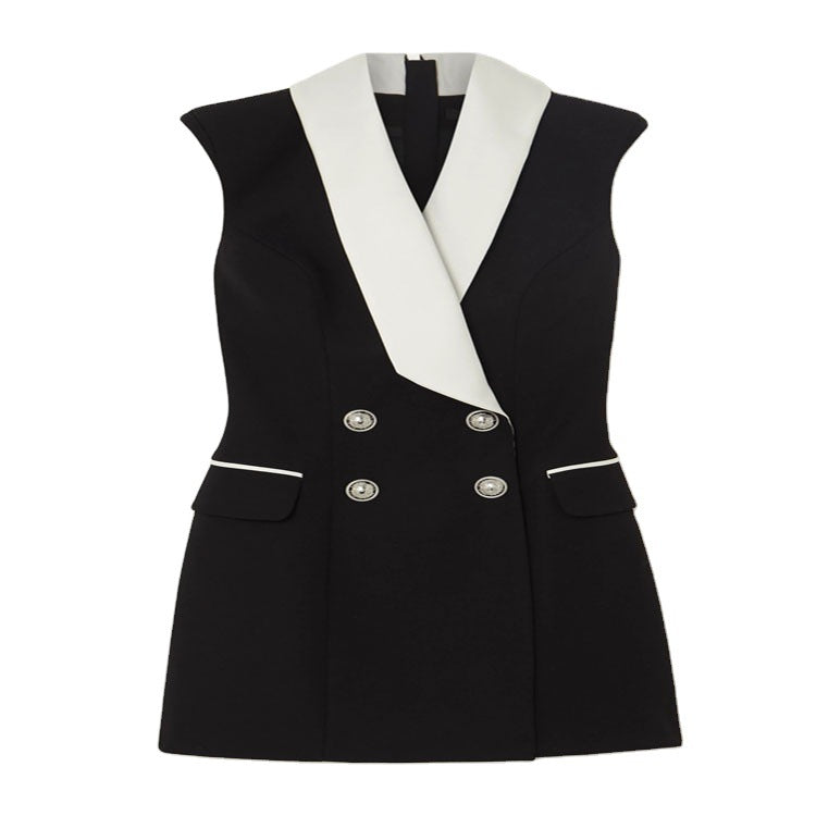Women's Tailored Sleeveless Blazer Dress in Tuxedo Look with Shawl Collar Mune Fashion