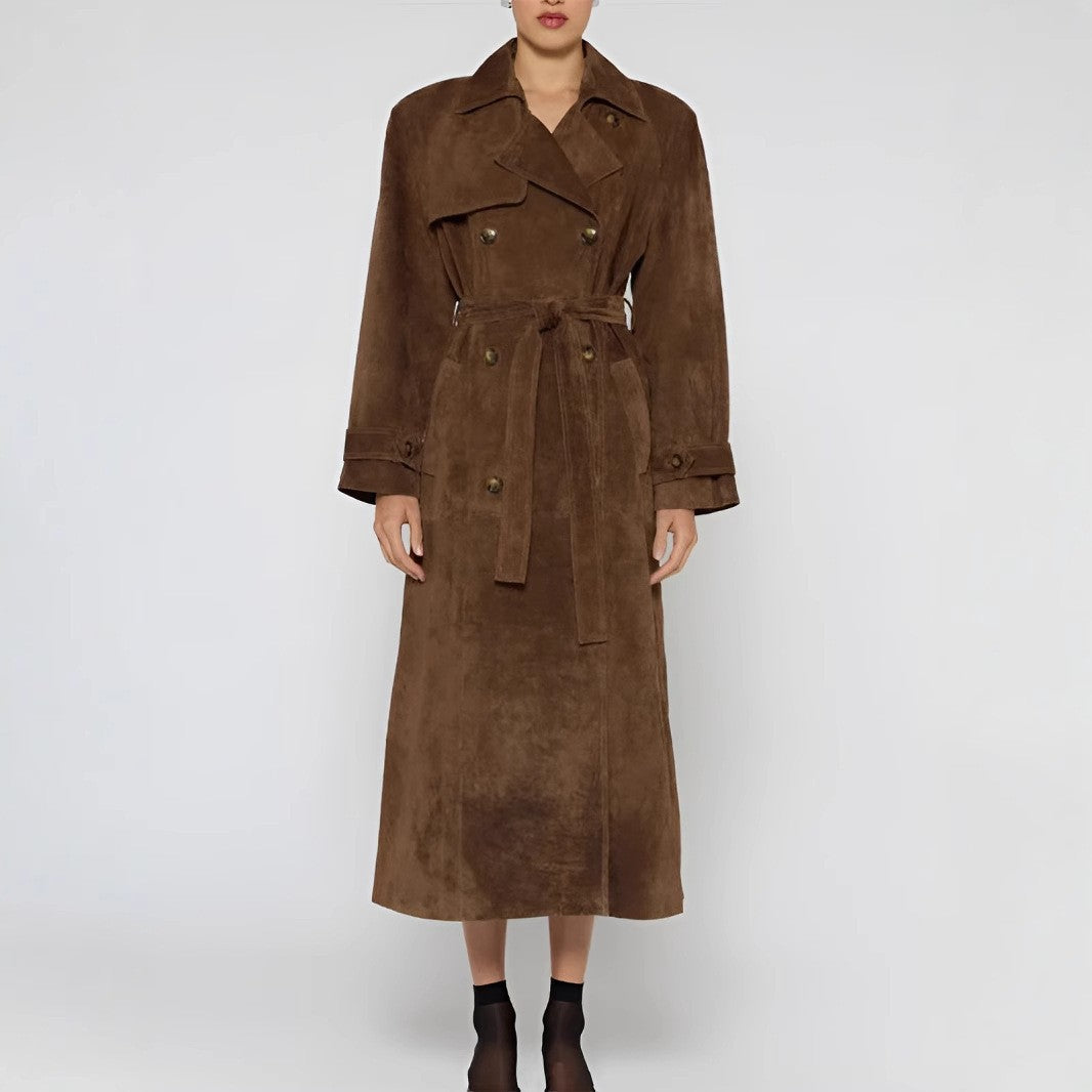 Women's longer suede trench coat with waist belt Mune Fashion