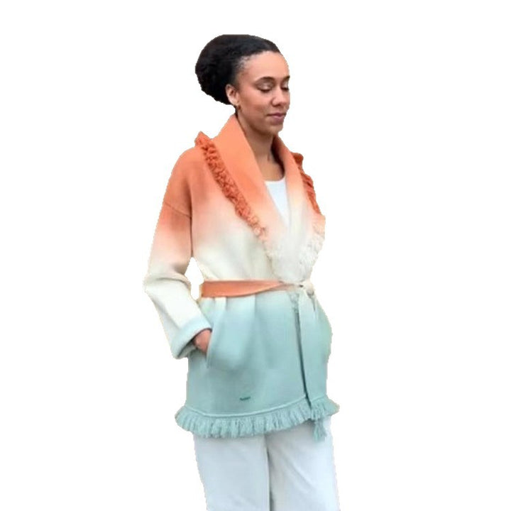 Women's Gradient Knit Cardigan with Fringes and Shawl Collar Mune Fashion