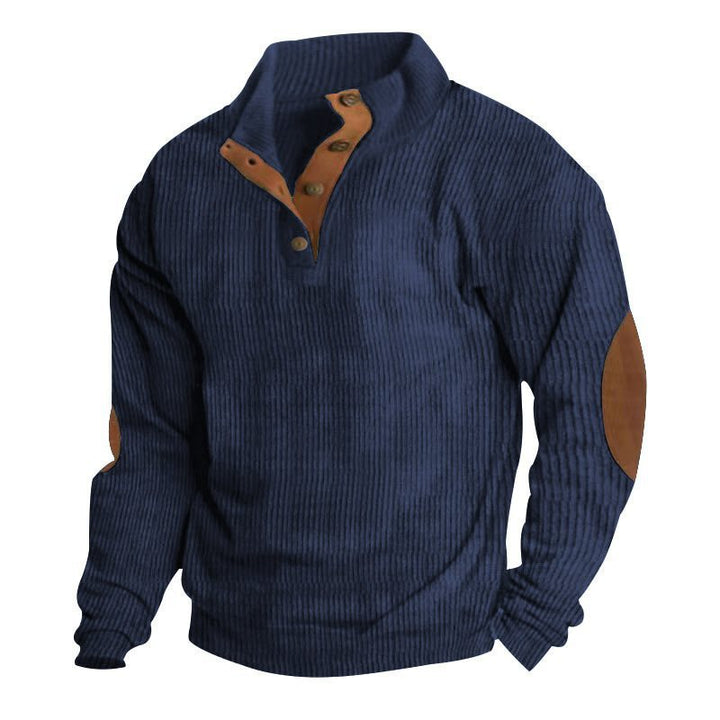 Men's Structured Sweater with Henley Button Placket, Elbow Patches and Two-Tone Block Mune Fashion