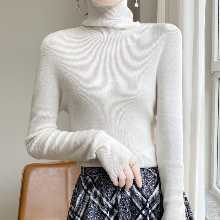 Women Slim Turtleneck Fine Knit Sweater with Elastic Rib Structure and Minimalist Silhouette Mune Fashion