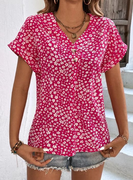 Women's lightweight viscose short sleeve blouse with V-neck, heart decorative button placket and casual hip length Mune Fashion