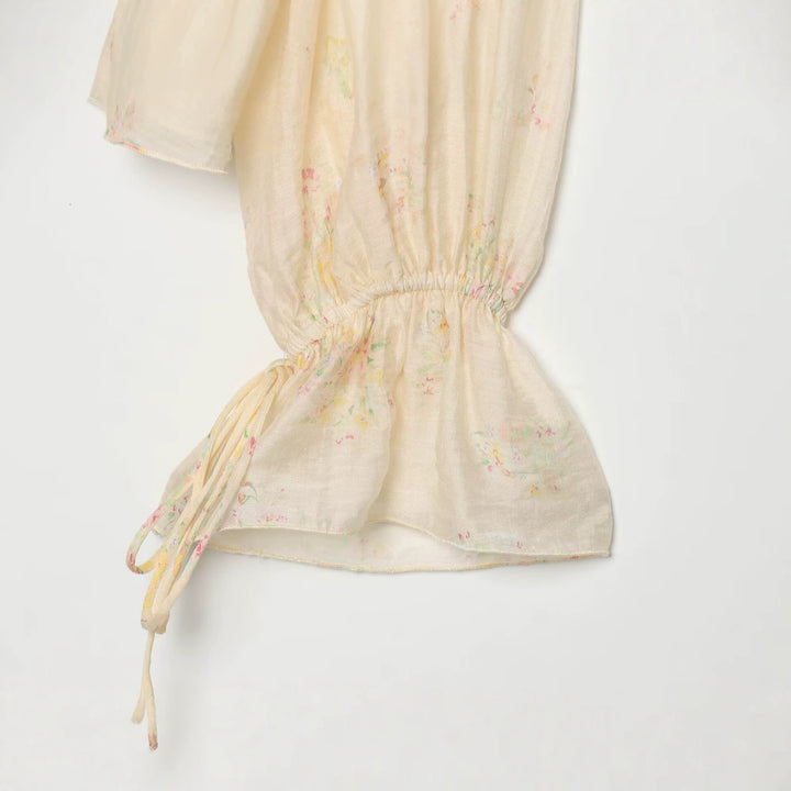 Women's chiffon blouse with ruffle front, tie cuffs and gathered sleeves Mune Fashion