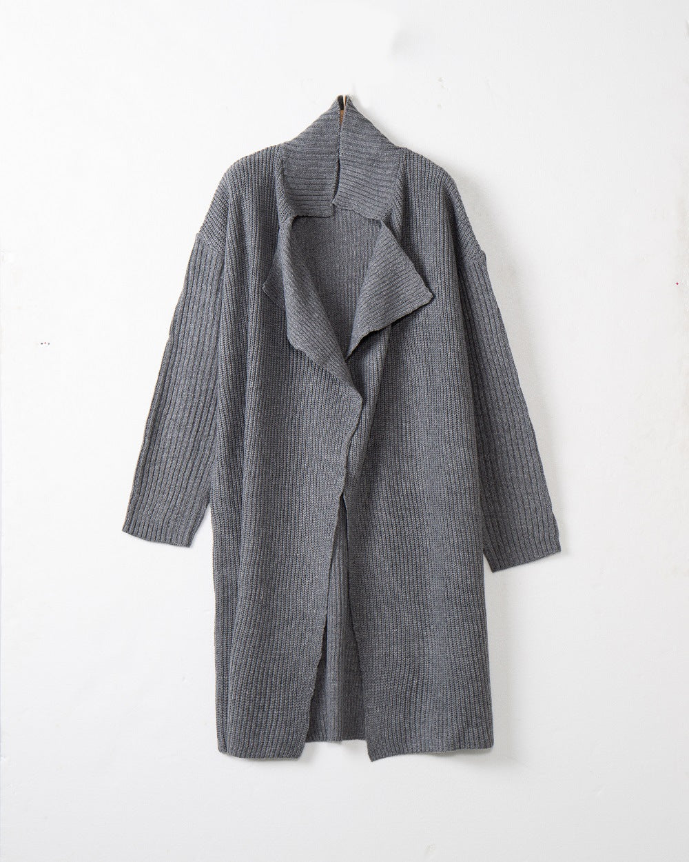 Women's longer open ribbed knit cardigan with wide shawl collar Mune Fashion