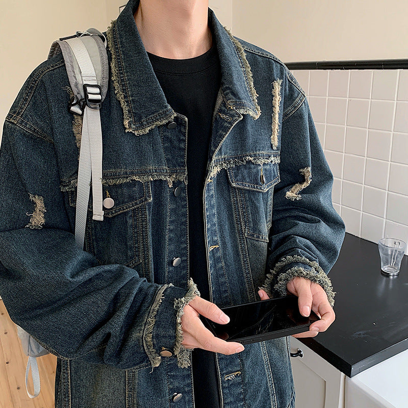 Men's Oversize Denim Jacket with Used Look, Frayed Edges and Snap Buttons Mune Fashion