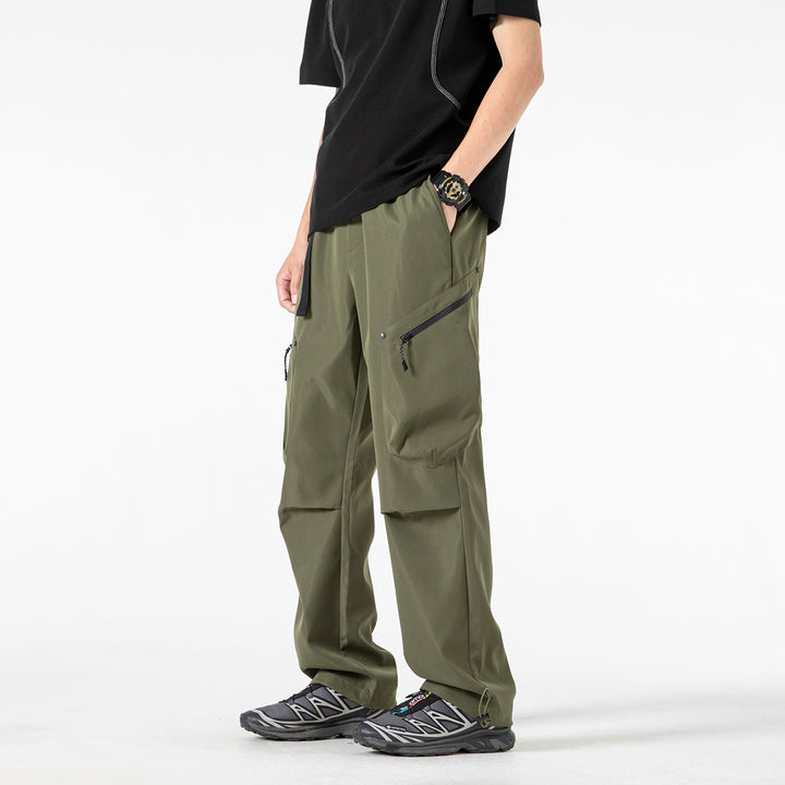 Men's Loose Utility Cargo Pants with Elastic Waistband, Zipper Pockets, and Adjustable Hem Drune