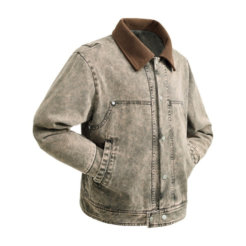 Men's padded denim jacket with cord collar, snap button placket, and practical side pockets Mune Fashion
