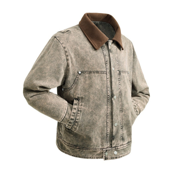 Men's padded denim jacket with cord collar, snap button placket, and practical side pockets Mune Fashion