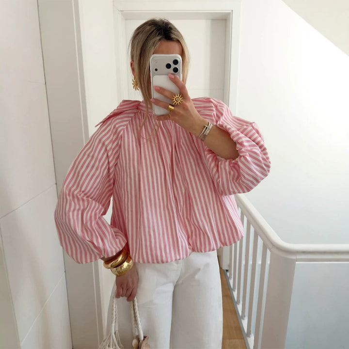 Women Backless Striped Blouse Top with Bow Collar Mune Fashion