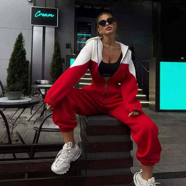 Women's two-piece crop zip hoodie and high-waist relaxed pants with wide leg Mune Fashion