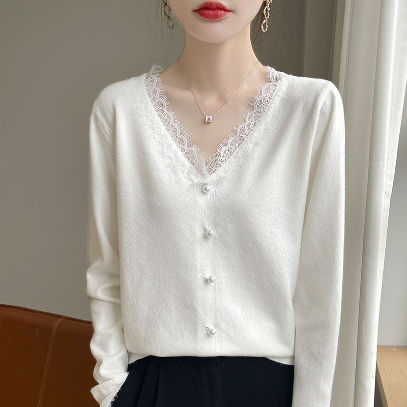 Women's Delicate V-Neck Fine Knit Cardigan with Floral Lace Edge and Bead Decoration Mune Fashion