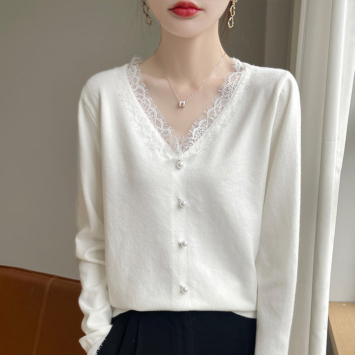 Women's Delicate V-Neck Fine Knit Cardigan with Floral Lace Edge and Bead Decoration Mune Fashion