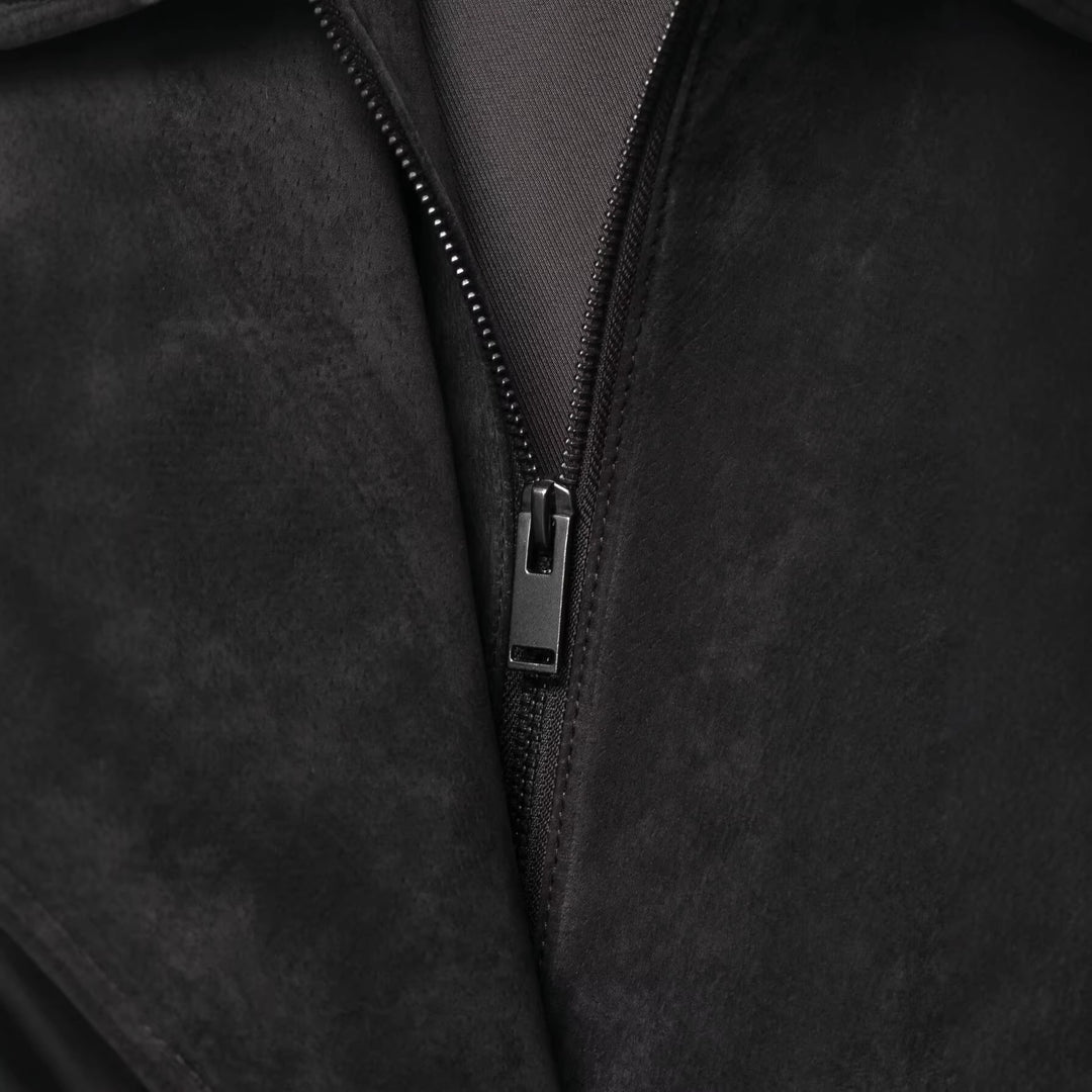 Men's suede jacket with high stand collar, asymmetrical button placket, and elastic hem Mune Fashion