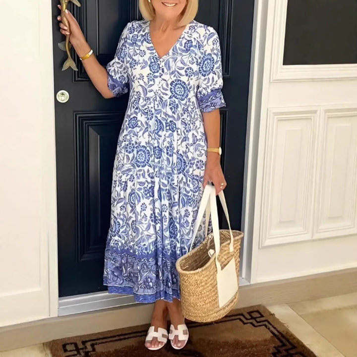 Women's Casual Tiered Midi Dress with V-Neck, Gathered Yoke and Ruffled Hem Mune Fashion