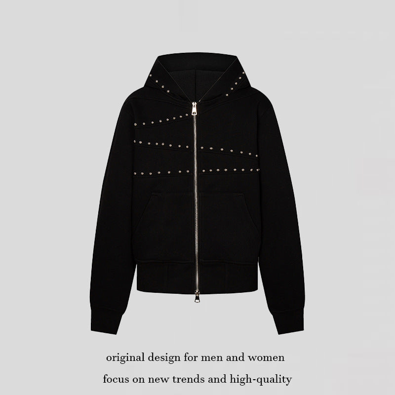 Women's hooded sweat jacket with studded accents, full-length zipper, and kangaroo pockets Mune Fashion