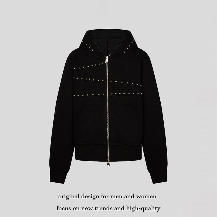 Women's hooded sweat jacket with studded accents, full-length zipper, and kangaroo pockets Mune Fashion