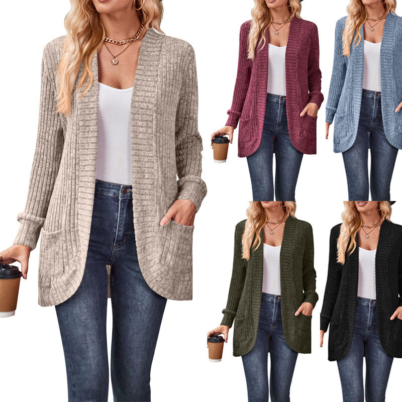 Women's longer ribbed cardigan with patch pockets and open front Mune Fashion