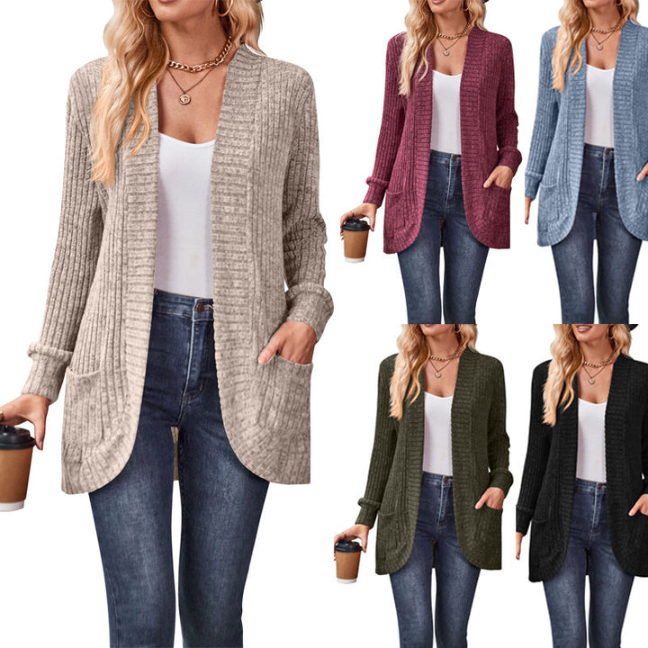 Women's longer ribbed cardigan with patch pockets and open front Mune Fashion