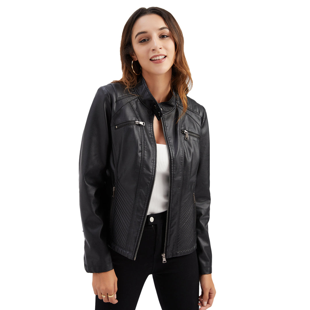Women tailored biker jacket made of faux leather with quilted panels and stand-up collar Mune Fashion