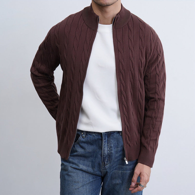Men's Fine Cable Knit Half-Zip Cardigan with Ribbed Collar and Silver Zipper Mune Fashion