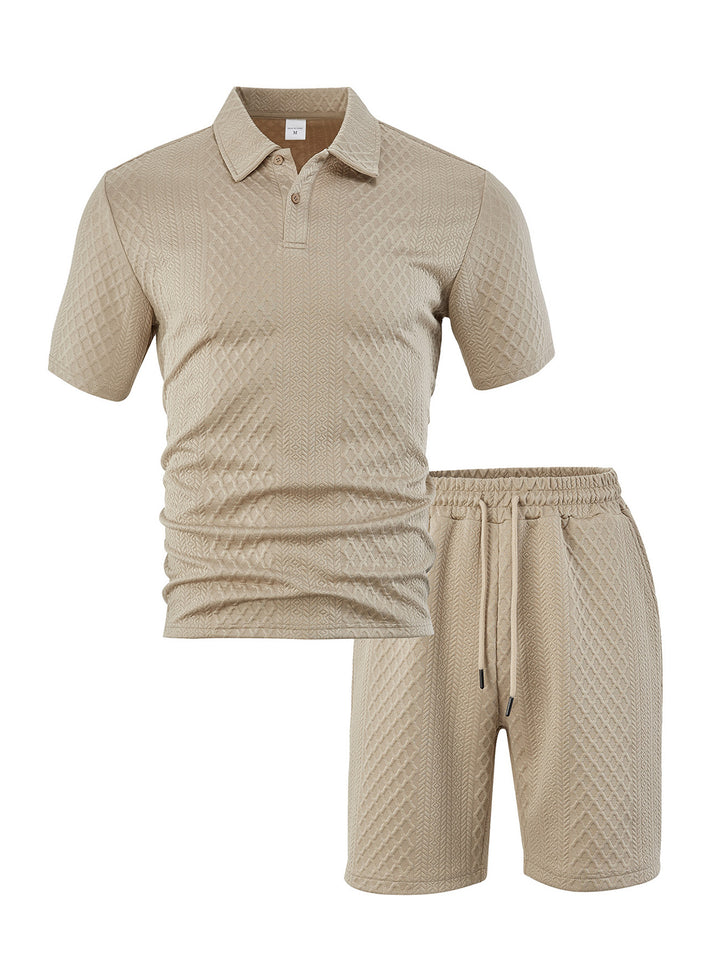 Men's elegant leisure two-piece made of textured knit with polo collar short-sleeve shirt and drawstring Bermuda Mune Fashion