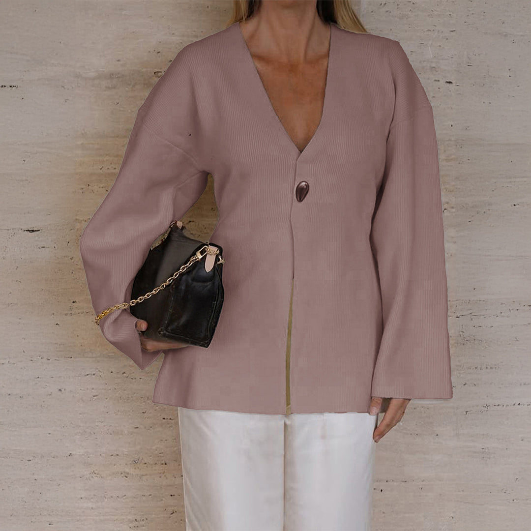 Women's fitted fine knit cardigan with V-neck, decorative button, and front slit Mune Fashion