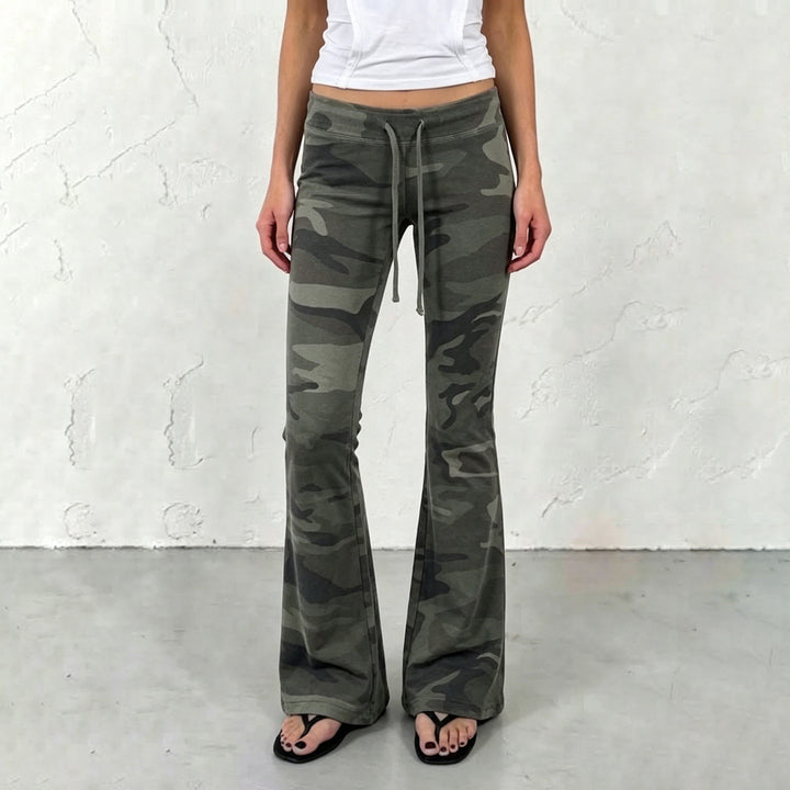 Women Soft Flare Pants in Camouflage Pattern with Drawstring and High Waist Mune Fashion