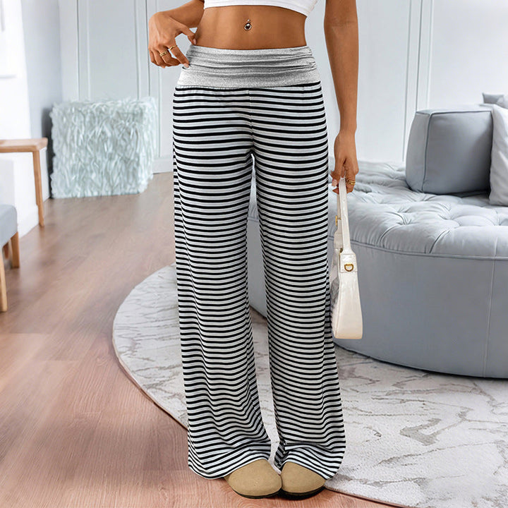 Ladies Striped Lounge Pants with Wide Leg and Elastic Waistband Mune Fashion