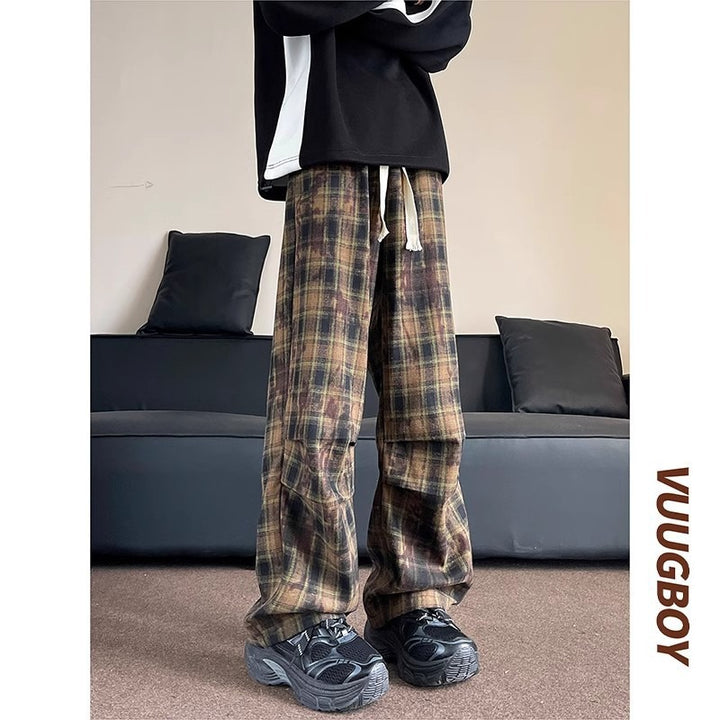 Men's wide checkered flannel pants with drawstring in baggy cut Mune Fashion