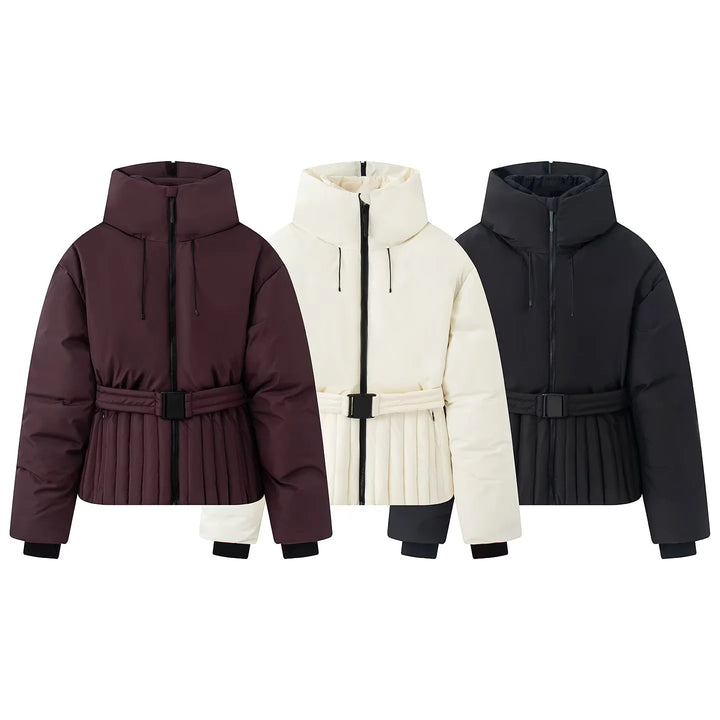 Women's nan quilted waist quilted jacket with high collar, waist belt and pleated hem Mune Fashion