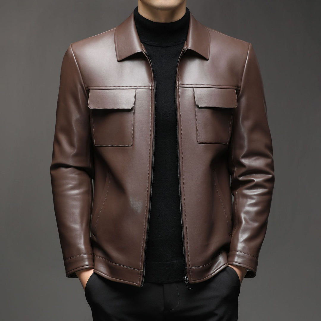 Men Smooth Leather Look Blouson with Chest Flaps and Zipper Mune Fashion