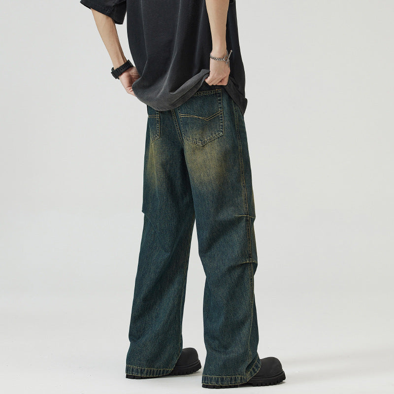 Men's Panel Denim Baggy Pants with Drop Crotch and Used-Fade Mune Fashion