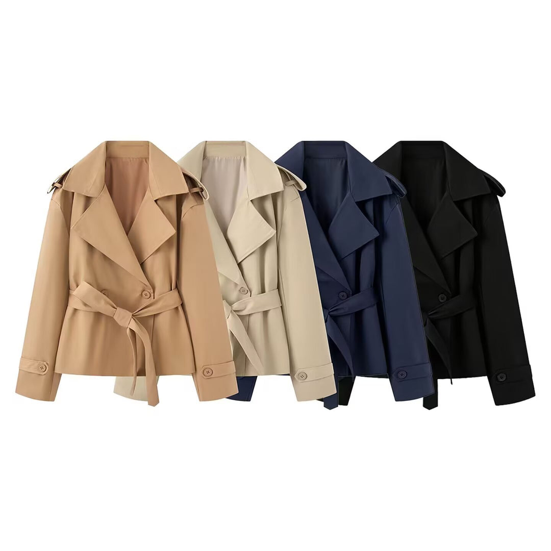 Women Short Cut Double-Breasted Trench Coat with Waist Belt and Epaulets Mune Fashion