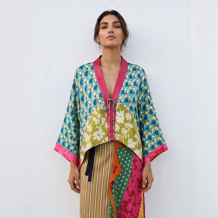 Women's Patchwork Kimono Top made of silk blend with deep V-neck and tie belt Mune Fashion