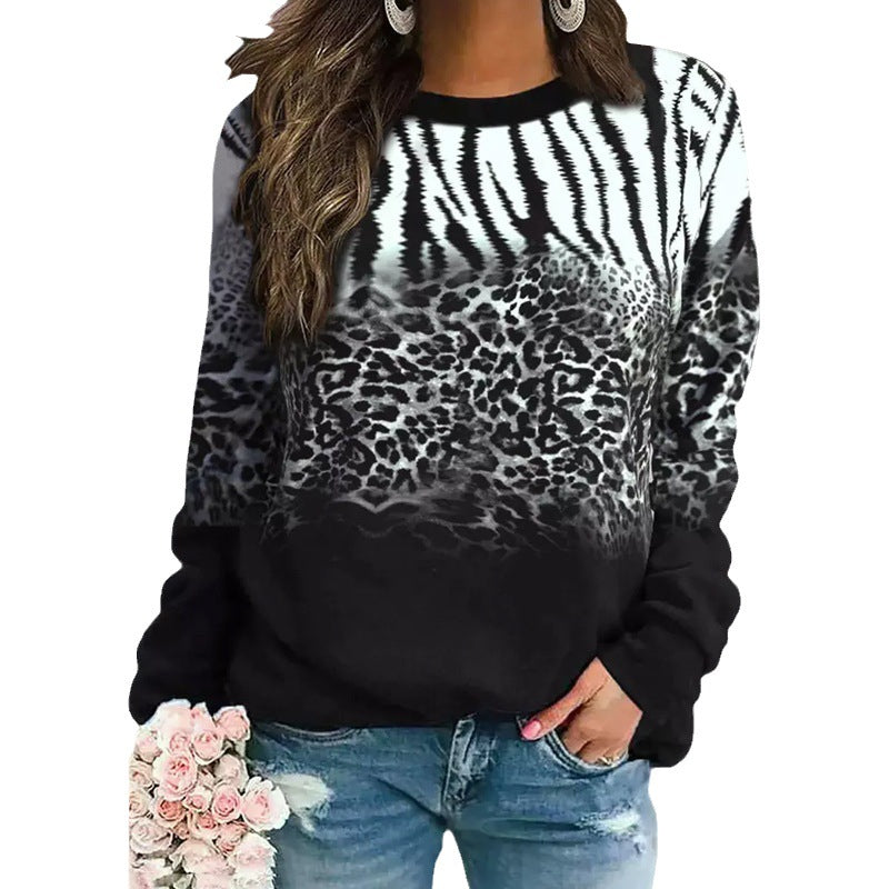 Women Animal Print Oversize Knit Sweater with Round Neckline and Gradient Mune Fashion