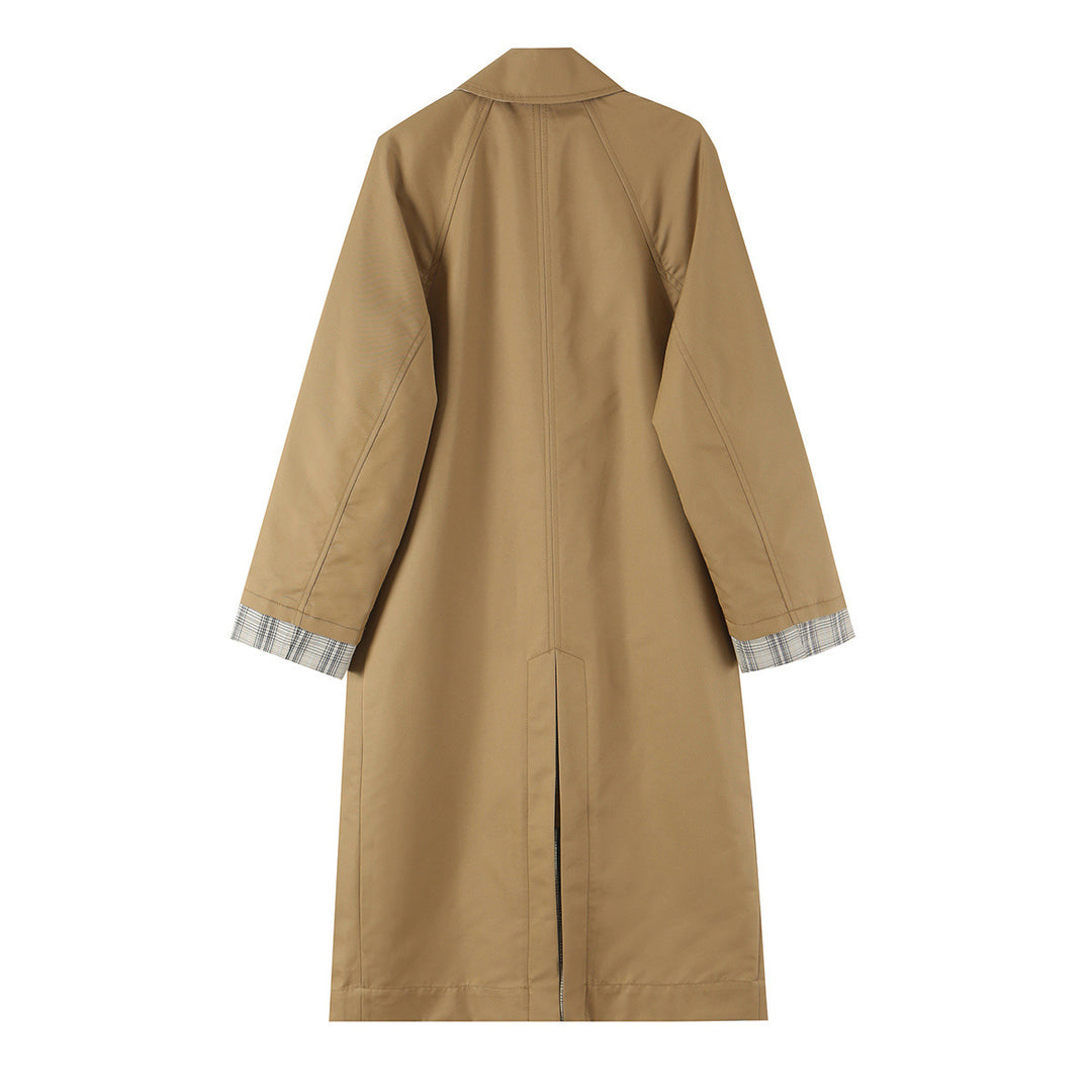 Women's Reversible Trench Coat with Raglan Sleeves, Checked Lining and Hidden Button Placket Mune Fashion