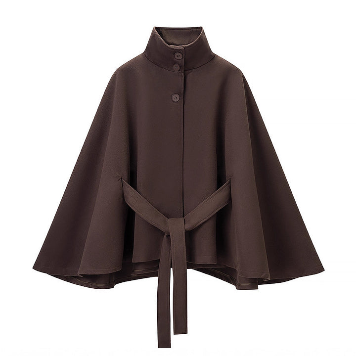 Women's Short Cape Coat with Stand-Up Collar, Concealed Button Placket and Tie Belt Mune Fashion