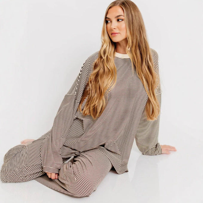 Women's striped comfort set made of fine ribbed jersey with oversized sweater and wide waistband trousers Mune Fashion