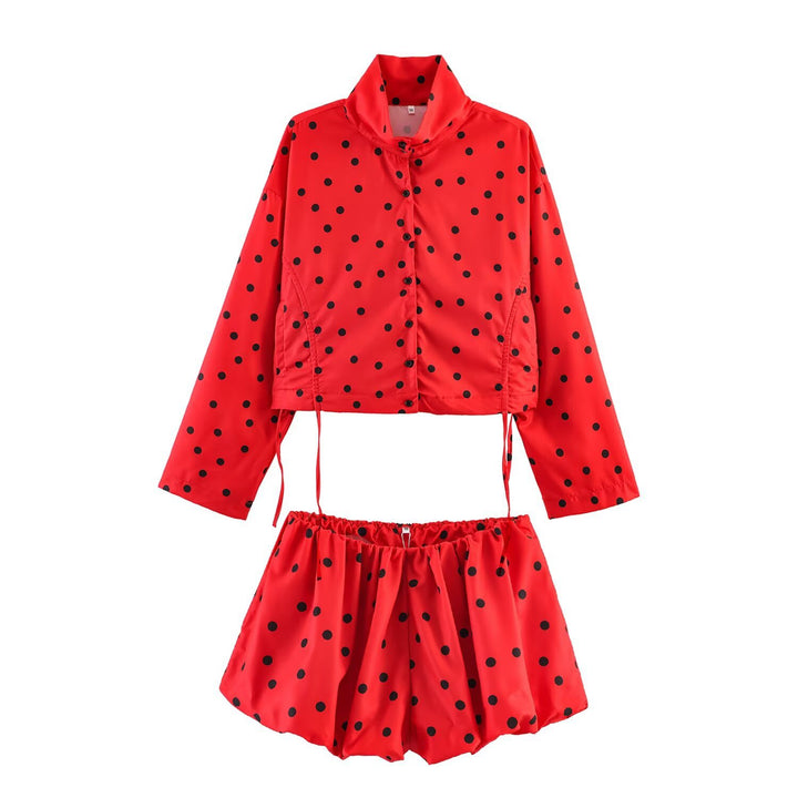 Women's Polka Dot Cropped Utility Jacket with Stand Collar and Drawstring Mune Fashion
