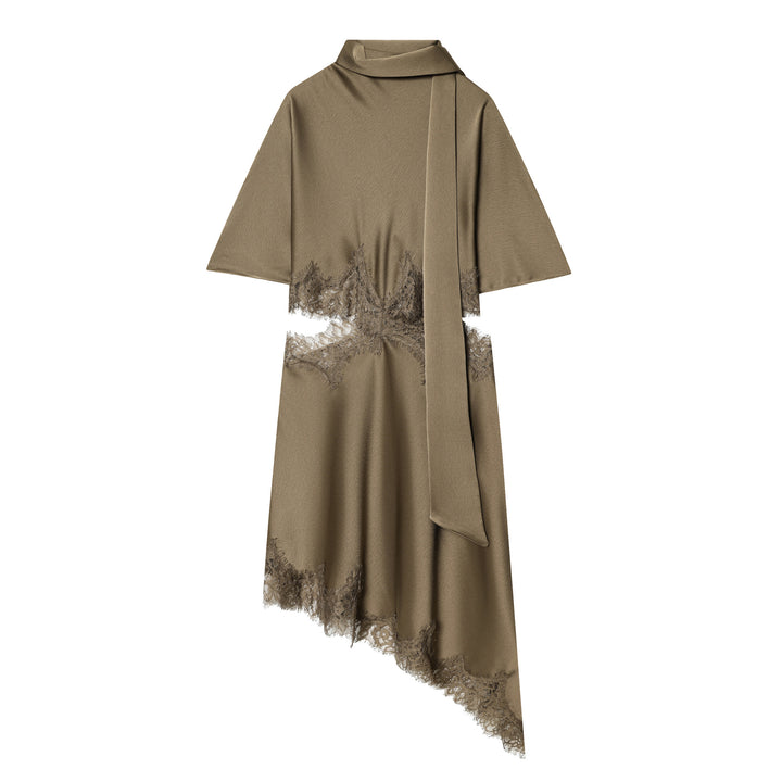 Women nan asymmetrical cape midi dress with stand-up collar, scarf and delicate lace hem Mune Fashion