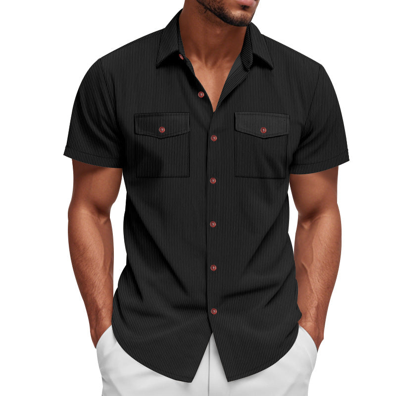 Men's casual short-sleeve shirt with lapel collar, patch flap pockets and fine pinstripe texture Mune Fashion