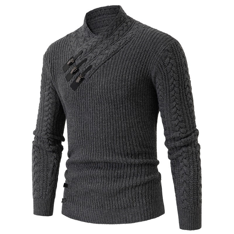 Men's knitted sweater with shawl collar, cable pattern, and distinctive buckle closures Mune Fashion