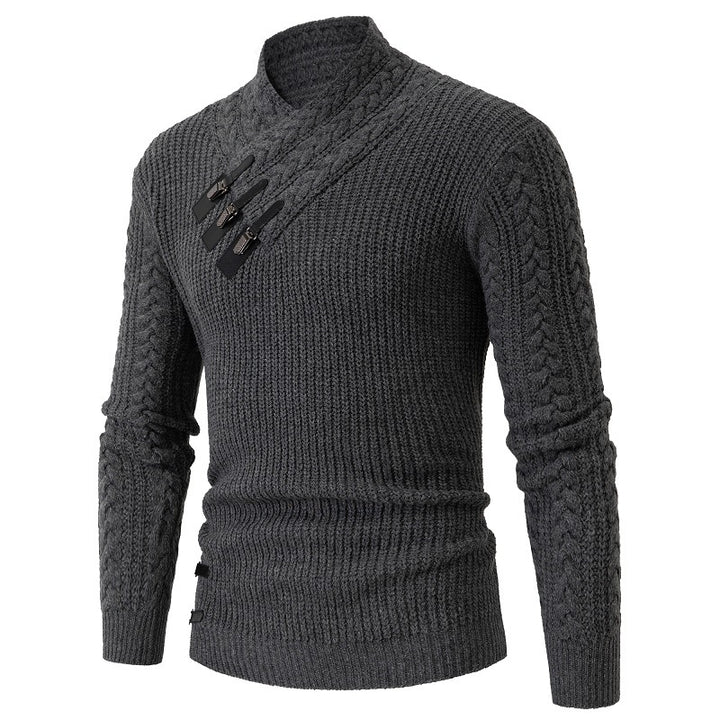 Men's knitted sweater with shawl collar, cable pattern, and distinctive buckle closures Mune Fashion