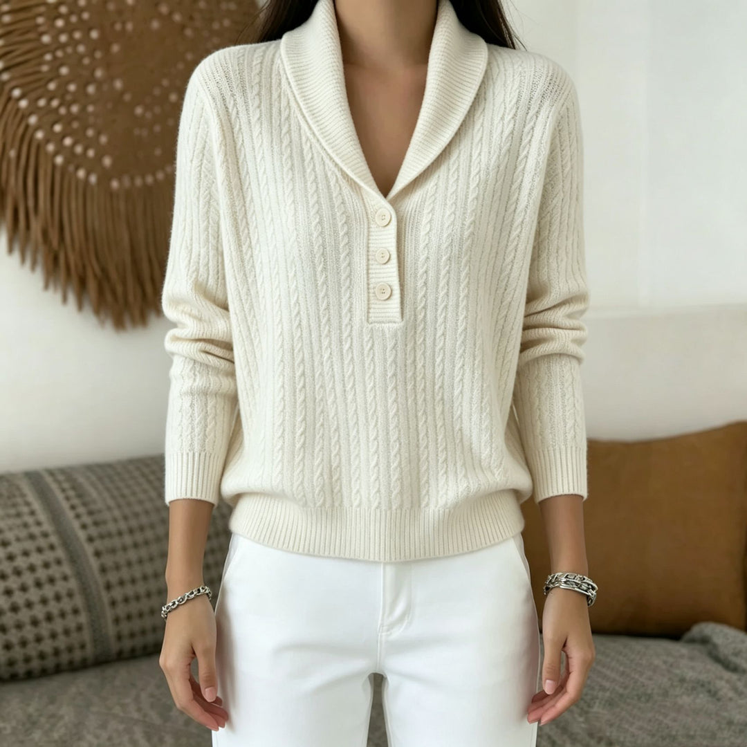 Women's knitted sweater with shawl collar, cable pattern, and button placket Mune Fashion