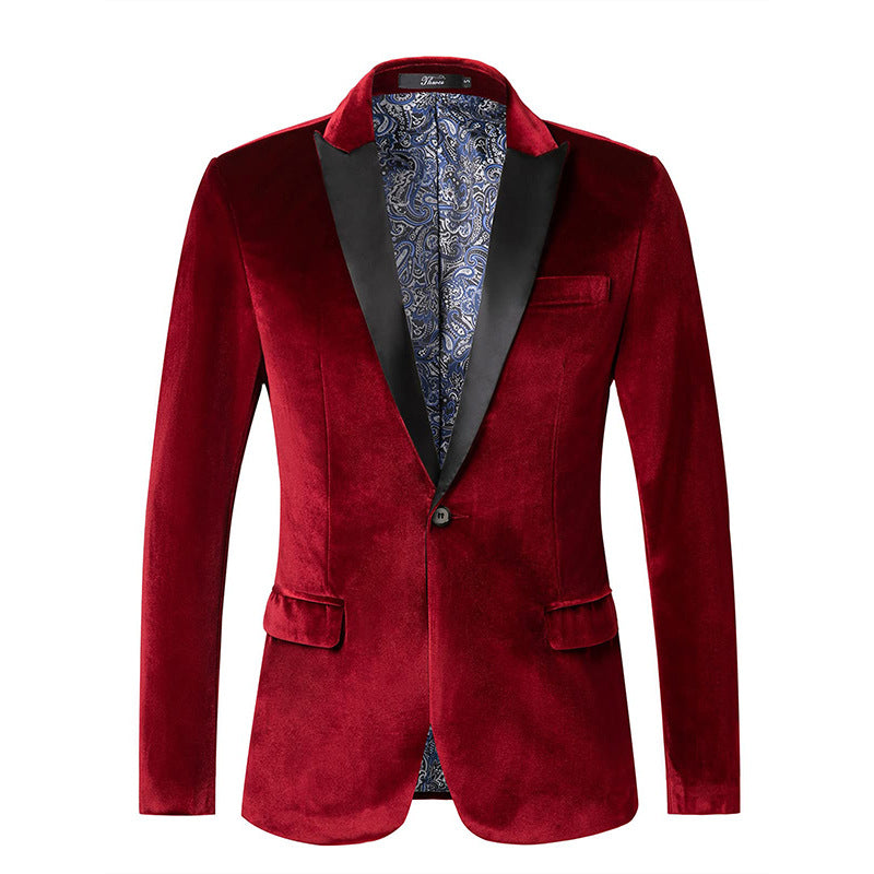 Men's tailored velvet tuxedo jacket with satin lapels and single-button closure Mune Fashion