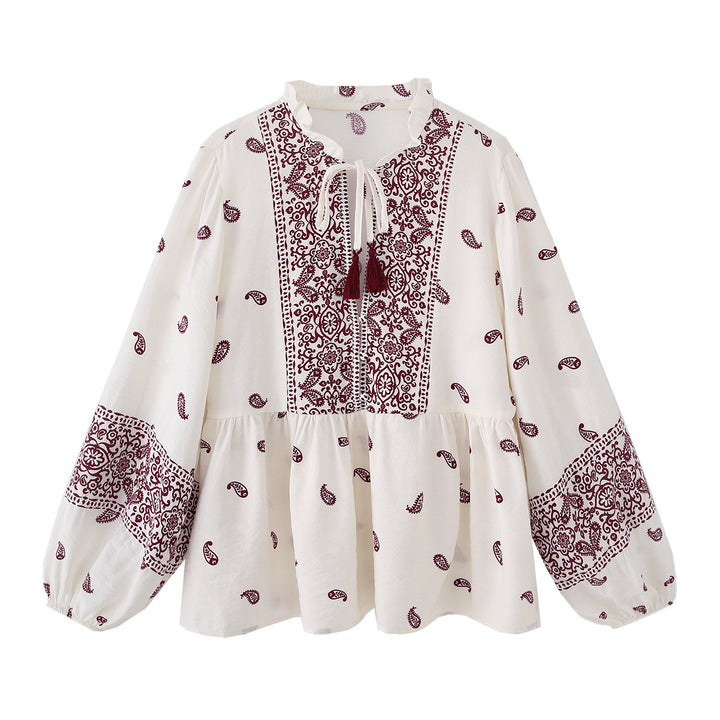 Women nan boho Paisley tunic-blouse with tassel tie belt and voluminous balloon sleeves Mune Fashion