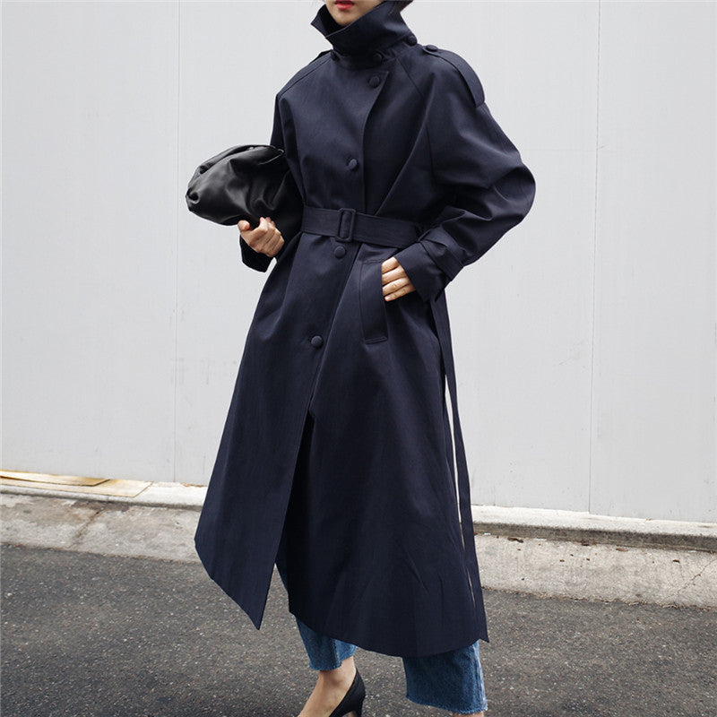 Women's Long Cut Trench Coat with Waist Belt and Stand-Up Collar Mune Fashion