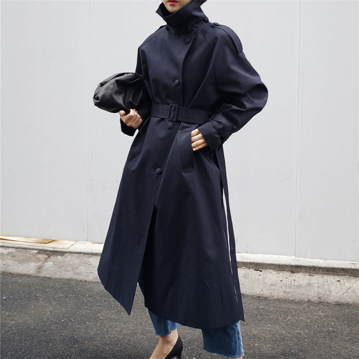 Women's Long Cut Trench Coat with Waist Belt and Stand-Up Collar Mune Fashion